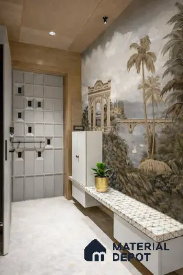 Eclectic foyer with scenic mural wallpaper, geometric patterned bench tile, and light wood laminate ceiling